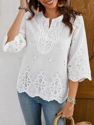 European-American Fashion Lace Trim V-Neck Three-Quarter Sleeve Shirt - Spring/Summer Collection