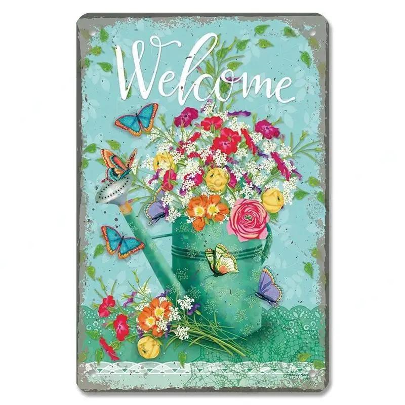 D Flat Metal Sign Vintage Welcome Garden Tin Sign Set Rustic Home Decor Butterfly Flower Watering Can Wall Art