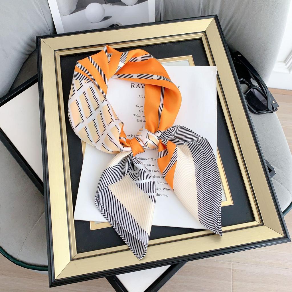Silk scarf female stripe black and white printing spring and summer new decoration simple fashion simulation silk square scarf