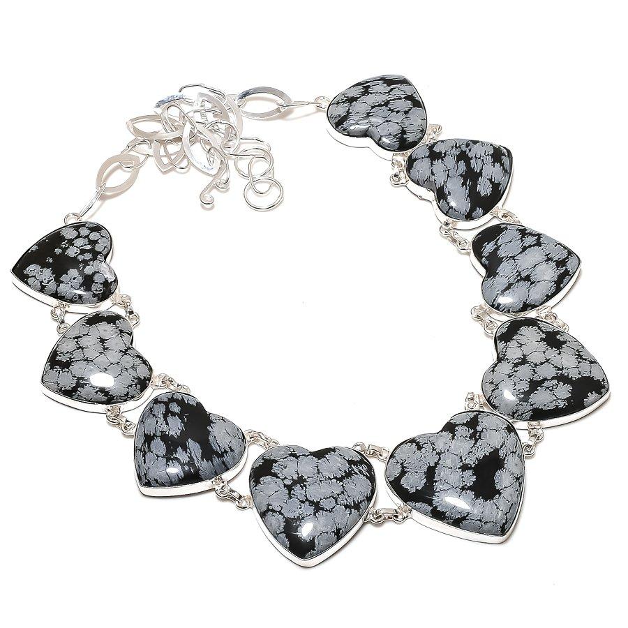 Natural Snowflake Obsidian Necklace 18" Adjustable Chain Heart Gemstone Jewelry
