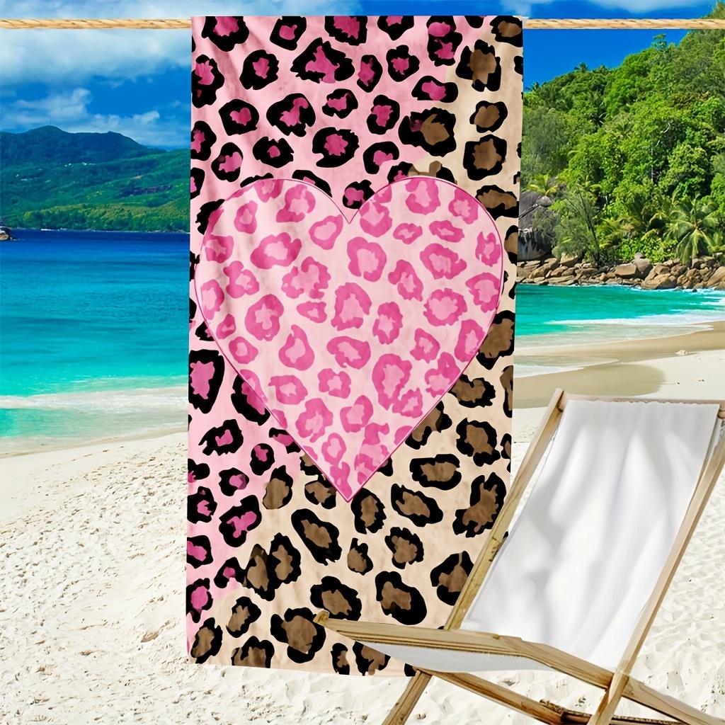 1pz Asciugamano da Spiaggia in Microfibra, Stampa Leopardata Rosa con Cuori, Materiale Ultra-Morbido, Leggero e Assorbente, Ideale per lo Yoga