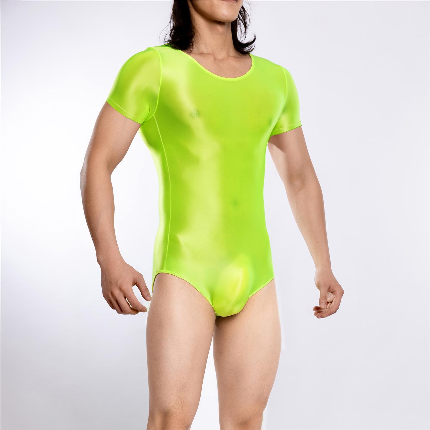 Bodysuit Sexy pour Hommes Satiné Lisse Coupe Haute Brillant Huilé Élastique Collants Danse Maid Haut Yoga Amincissant Maillot Une Pièce T-shirt M