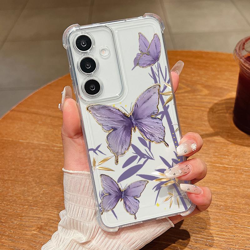 S25 Ultra Case Blue and White Flowers Pattern Clear Soft Cover For Samsung Galaxy S25 Edge S24 Ultra S23 S22 Plus S21 FE Capa Funda