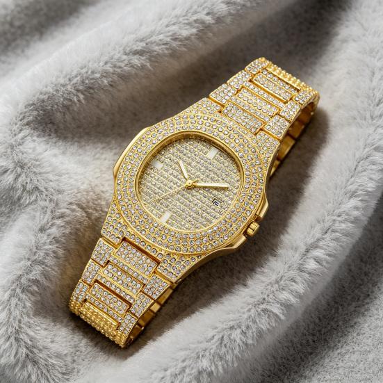 Quarzuhr mit voll besetztem Diamantlünetten- und Zifferblatt-Design, hochpräzise, funkelnd, trendiger Hip-Hop-Stil, für den täglichen Gebrauch und Partys