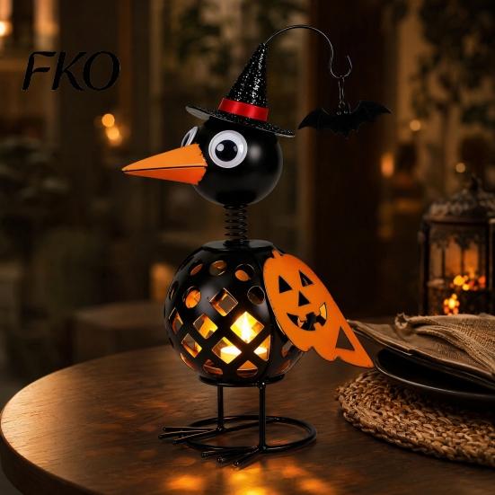 Fall Harvest Decorations Halloween Metal Crow Pumpkin Figurine, Wrought Iron Raven Statue with Witch Hat, Spooky Decor LED Candle Holder