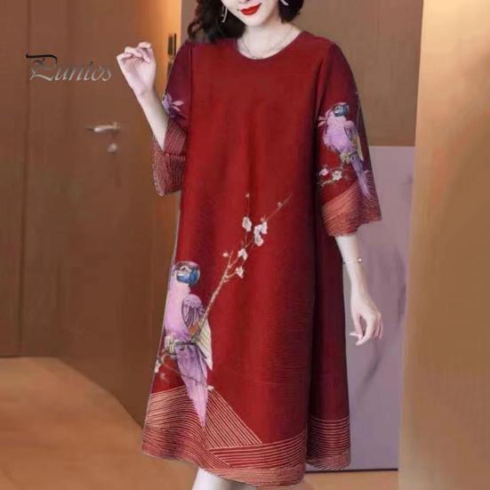 Retro Print Dress Women Summer Three Quarter Sleeves Loose Parrot Ice Printed Silk Knee Length Pullover Party Commute Office Midi O Neck