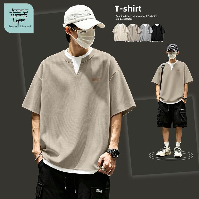 JEANSWEST LIFE Men s Waffle Knit V-Neck Faux Two-Piece Short Sleeve T-Shirt XL