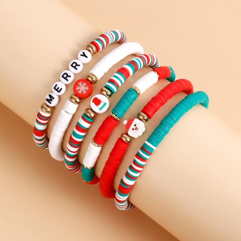 Christmas Beaded Bangle Festive Bohemian Colorful Bracelets 6/7Pcs Soft Clay Elastic Beaded Hand Chains Jewelry for Girl