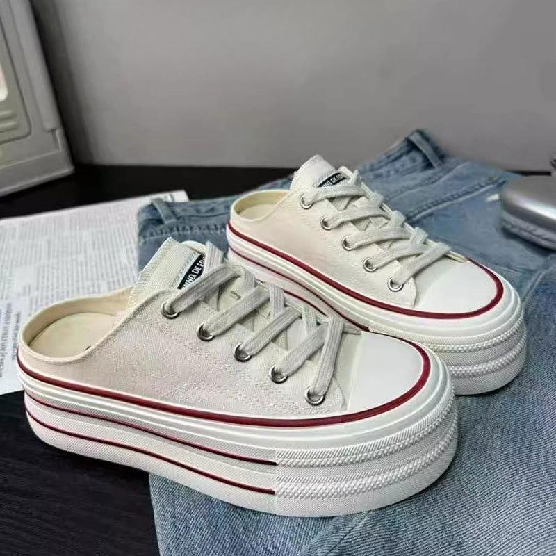 

New Thick-soled Height-increasing Canvas Shoes with Toe Caps and Half-slippers One-foot Shoes 35 бежевий