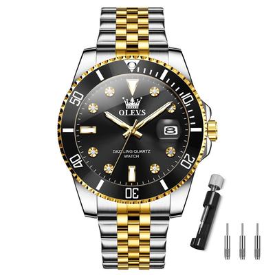 Men's Wristwatch Waterproof Analog Quartz Watch with Date Stainless Steel Band Large Dial Black Rotating Bezel
