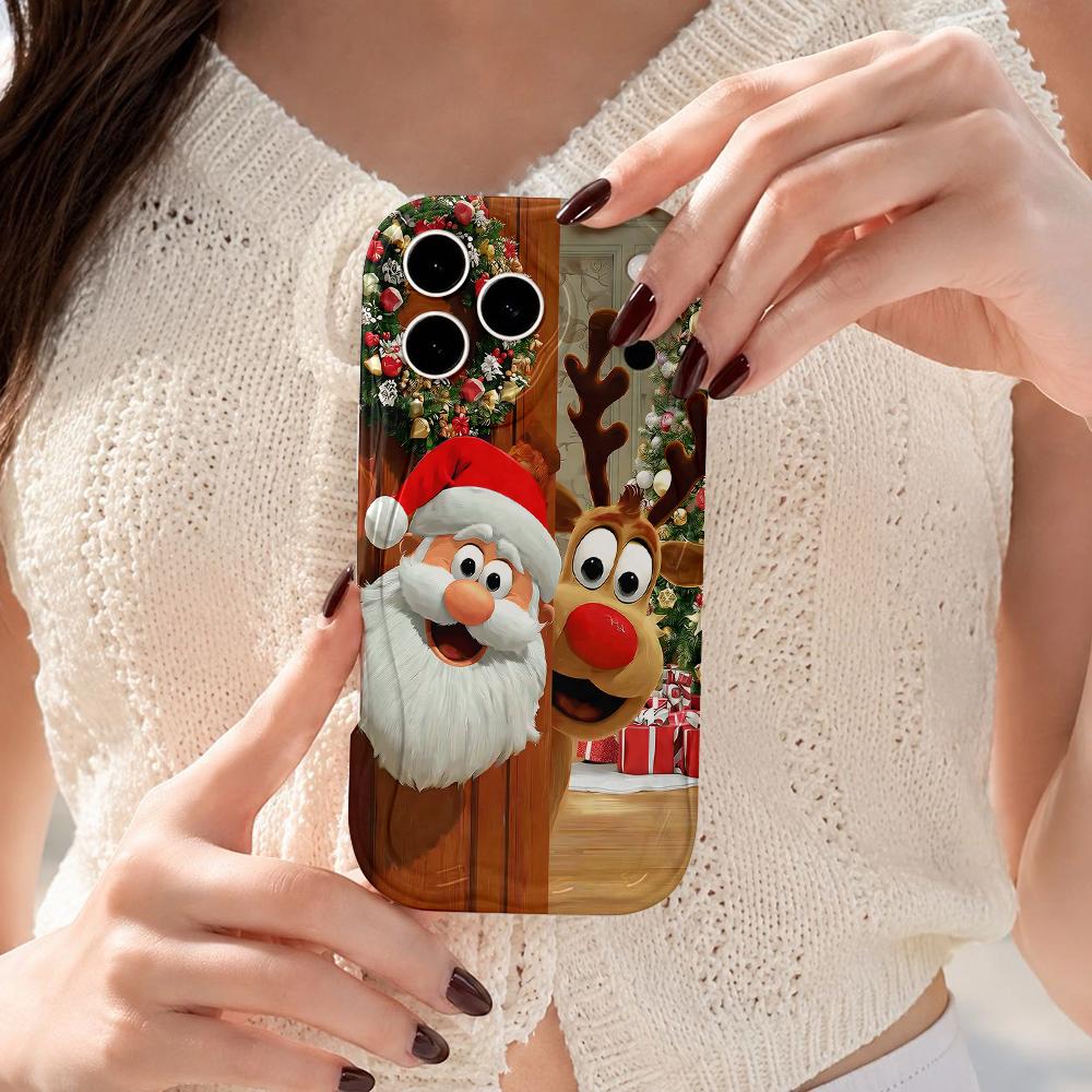 Santa Claus and Reindeer Christmas Phone Case Festive Holiday Cartoon Hard Cover for iPhone Shockproof Protection Birthday Halloween Gift