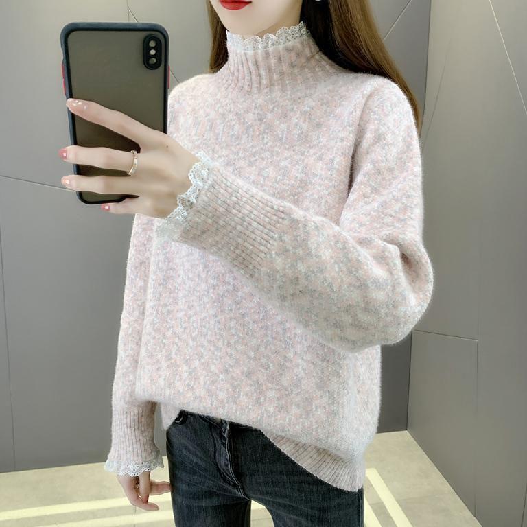 Lace Half High Collar Sweaters Women's Autumn and Winter Large Size Loose Bottom Knitted Pullovers Casual Print Jumpers