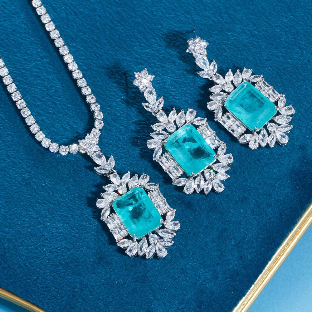 

Набор женских украшений: колье, подвеска, серьги, имитация параибского турмалина цвета морской волны, аксессуары для платья озеро синий