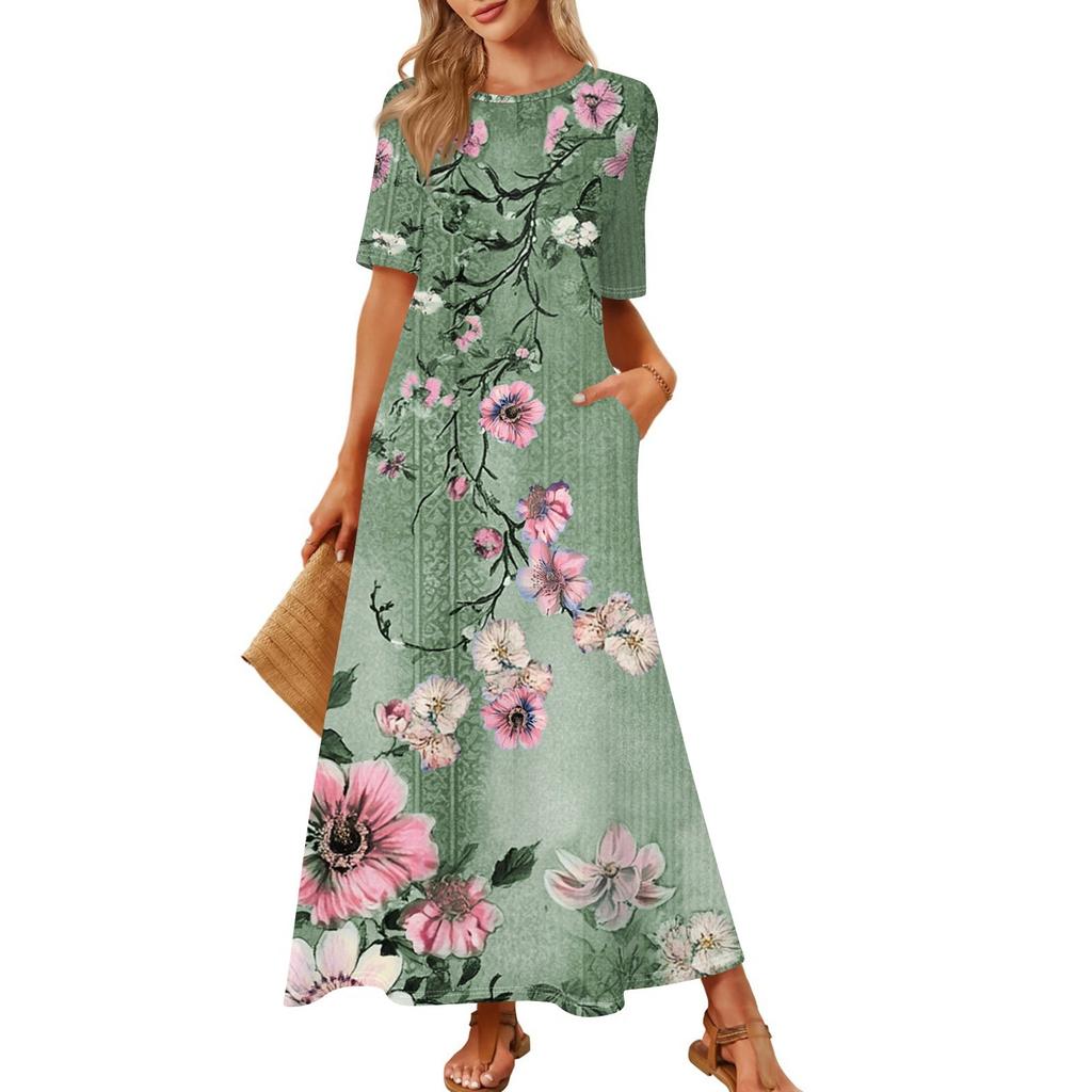 Women's Fashionable And Casual Long Beach Skirt Round Neck Short Sleeved Loose Retro Print Dress