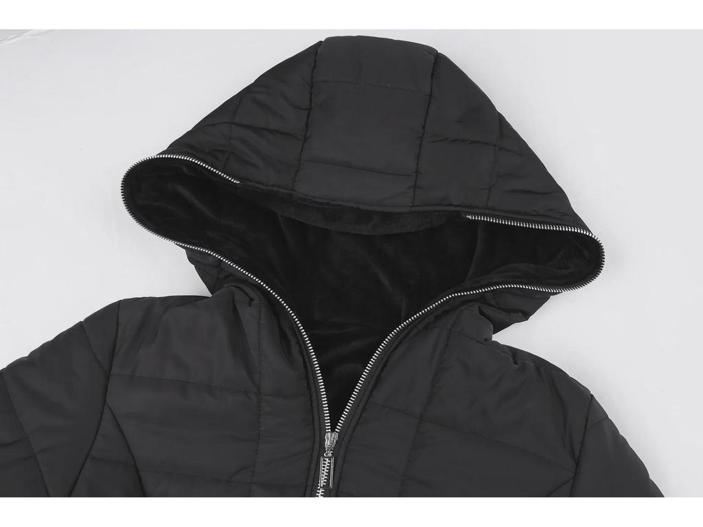 2024 Women's Winter Hooded Black Cotton Coat with Plus Velvet Lining, Medium Long