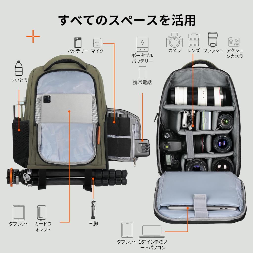 TARION Camera Large Camera with Rain Water Camera Bag Tripod Camera Computer Photography Everyday SLR Green Bag, Capacity, Lightweight, Compact,