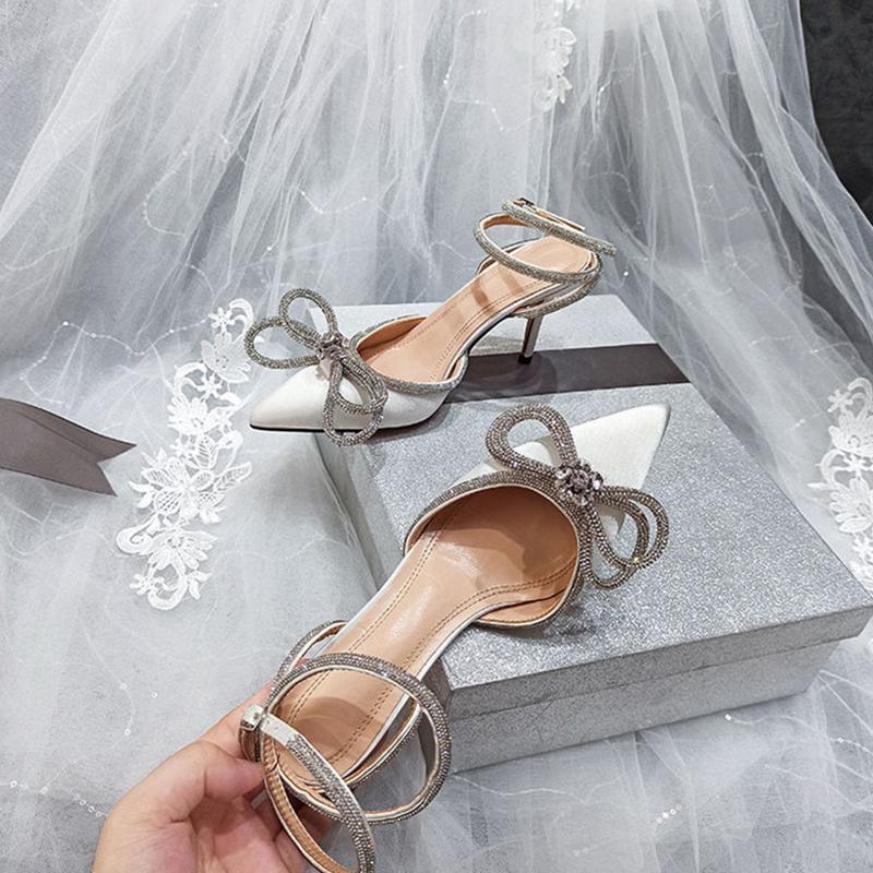 Aneikeh 41 42 PVC Stil Glitter Strass Frauen Pumpen Kristall Bowknot Satin Dame Seide High Heels Party Schuhe 2023 Frühling NEUE