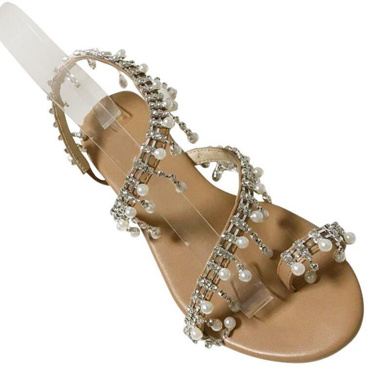 Sommer Neu Damen Große Größen Flache Strandsandalen Runde Zehenpartie Perlen Zehenschlaufe Mode Freizeit Schuhe