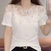 Women's Summer Lace Short-Sleeve Mesh T-Shirt Fitted Panel-Seam Elegant Commuter Top
