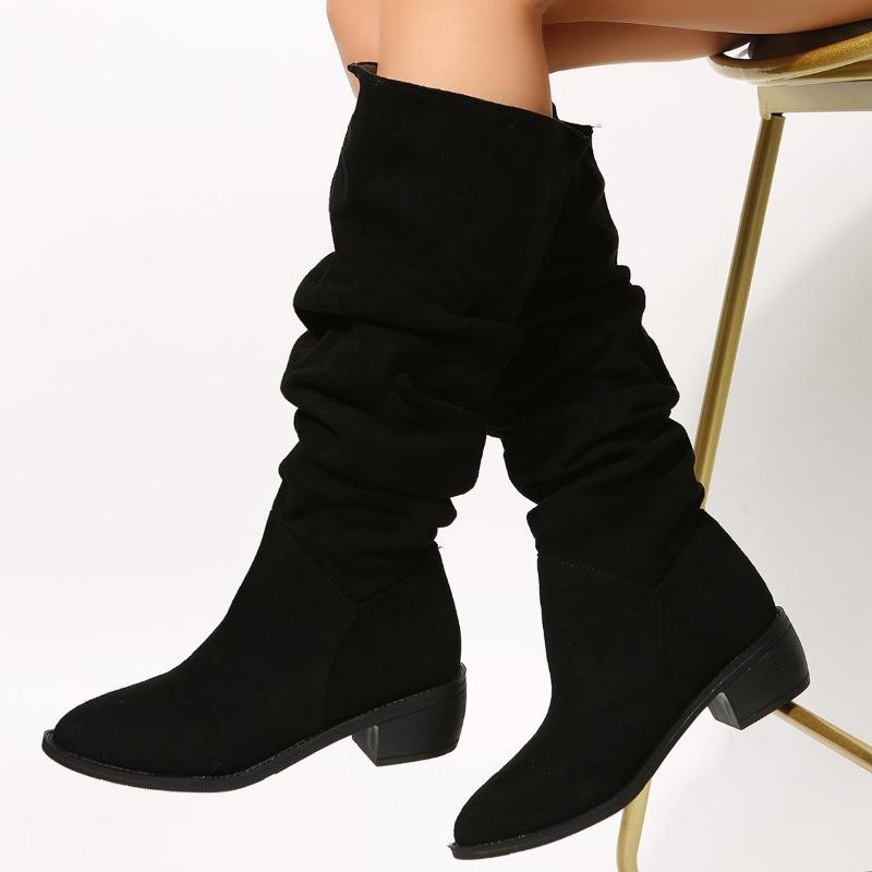 New Large Size Pleated Boots Women's Large Size Tall Martin Boots European and American Suede Thick Heel Pile