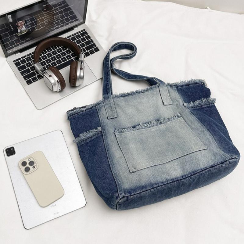 New Large Capacity Denim Tote Bag Korean Style Washed Denim Fringed Shoulder Bag for Women Daily Matching Commuting Bag
