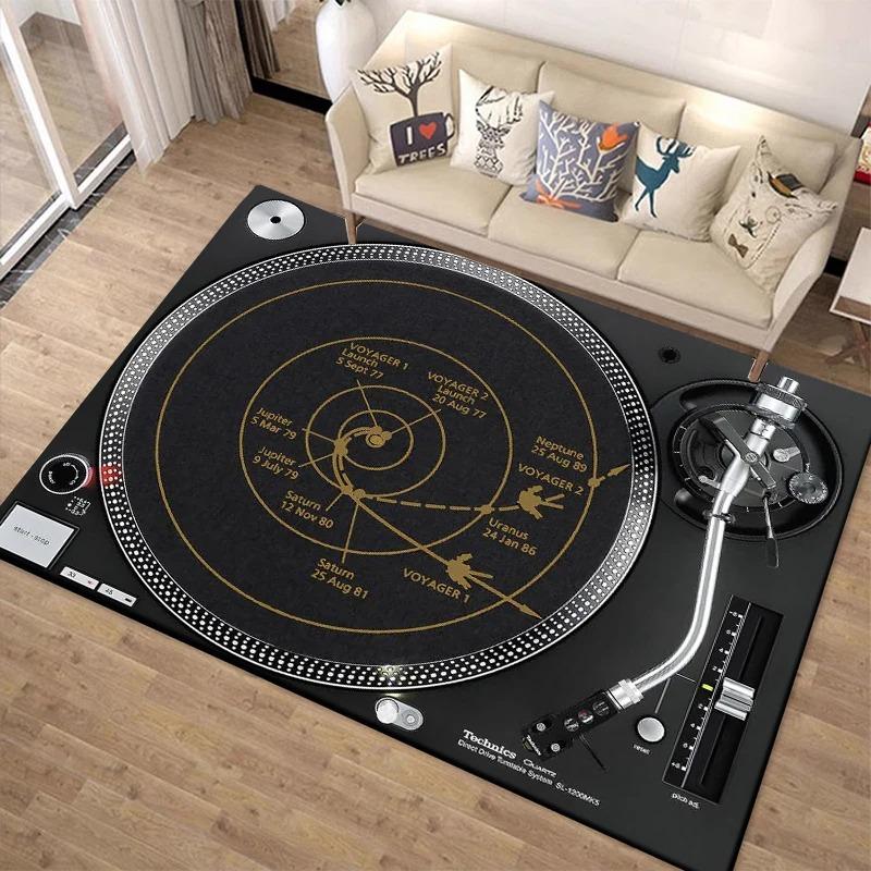 Musikteller Großer Teppich für Wohnzimmer Rutschfester Bodenläufer Schallplattenmuster Retro Plattenspieler Design Einzigartige Heimdekoration 40x60cm gray