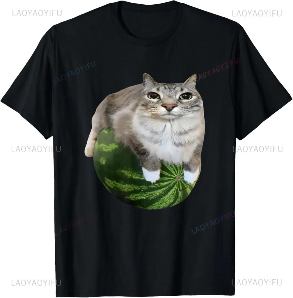 Cute Funny Cat On Watermelon Meme T Shirt Men Women ONeck Fashion Short Sleeve Tshirts Retro Harajuku Oversized Tshirt