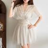 2026 European and American summer new niche irregular diversity mesh splicing waist thin dress women