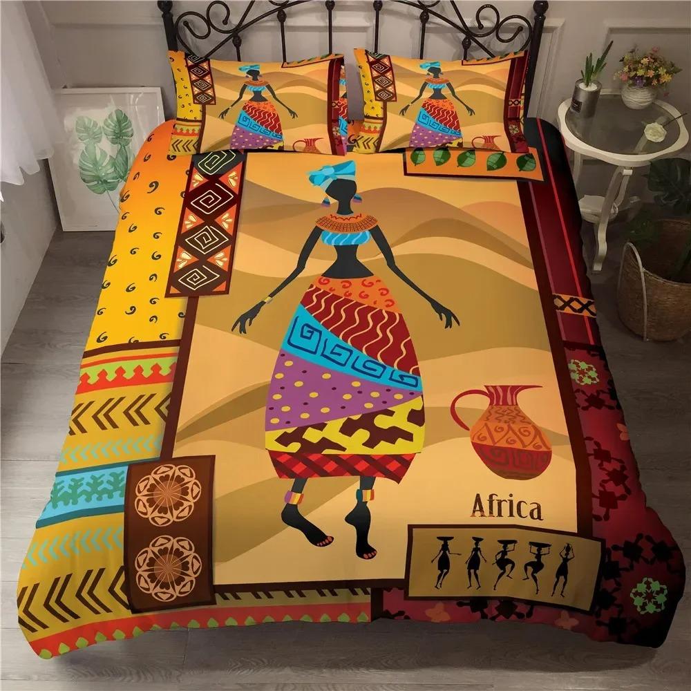 African Woman King Queen Duvet Cover Retro Exotic Tribal Black Girl Pattern Bedding Set Africa Polyester Quilt Cover Pillowcase