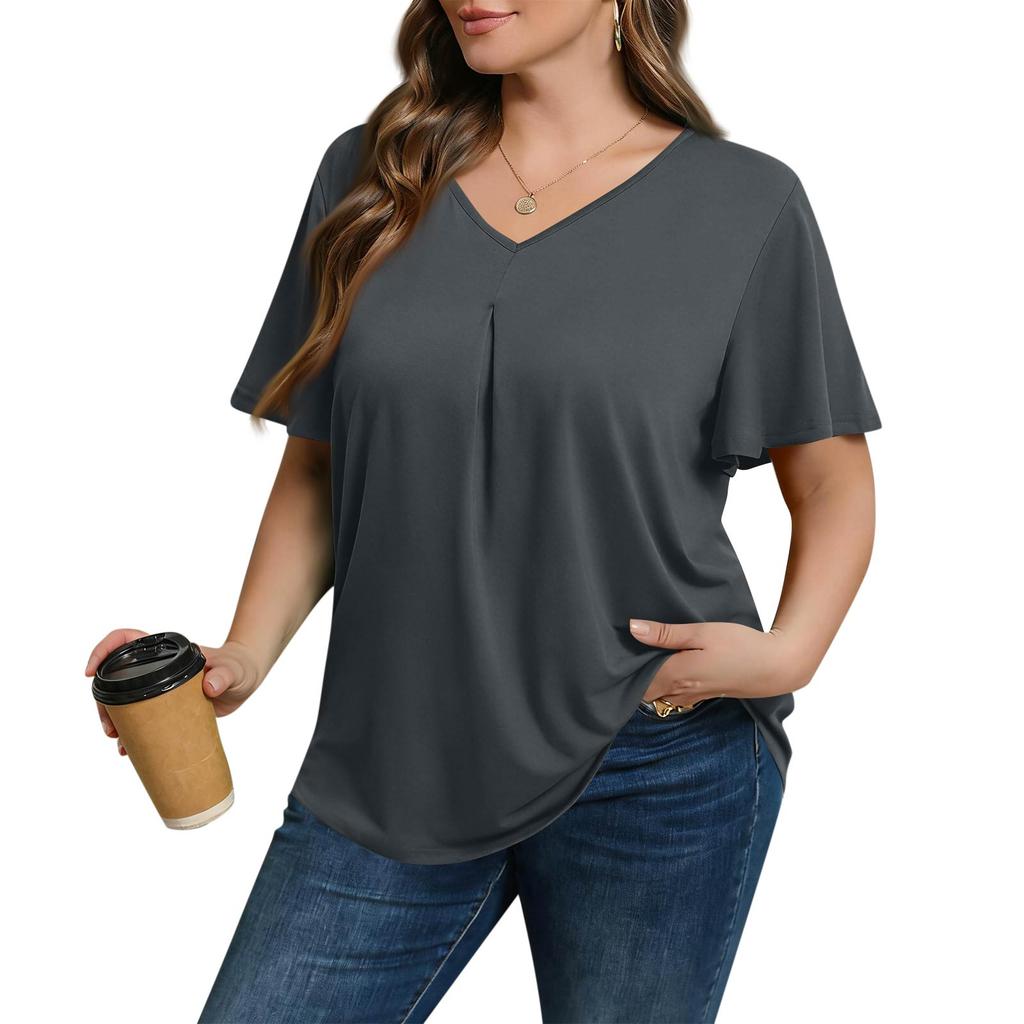 Women's Plus Size Fashionable Casual Loose-Fit Short Sleeve Elegant V Neck Blouse For Work