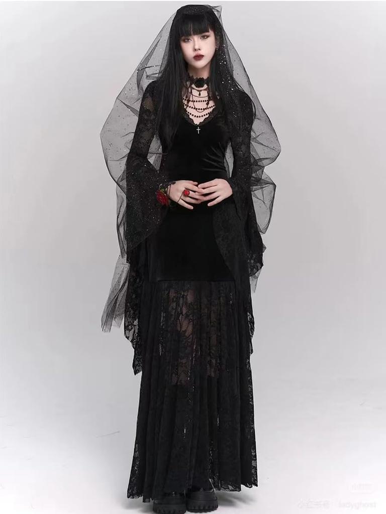 KALAOK Gotické šaty, Černé, Dámské, Krajka, Čarodějnický styl, Harajuku styl, Gal styl, Cosplay kostým, Scénický kostým, Velikost D, S