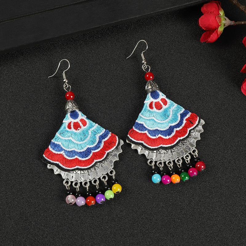 A few embroidered fabric earrings, long tassel personalized fan earrings, women's retro Miao flower earrings