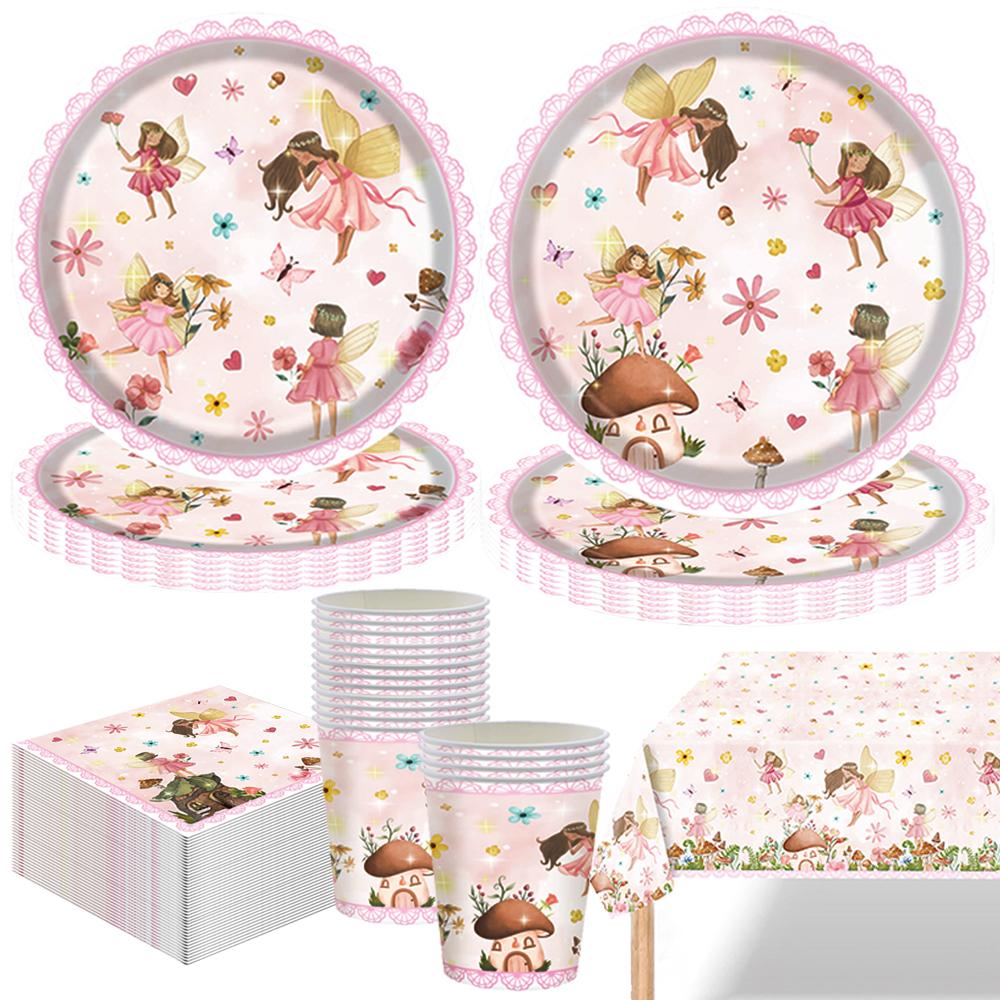 Pink Butterfly Flower Fairy Theme Disposable Tableware Plates Cups Napkins Girls Birthday Party Wedding Baby Shower Decor