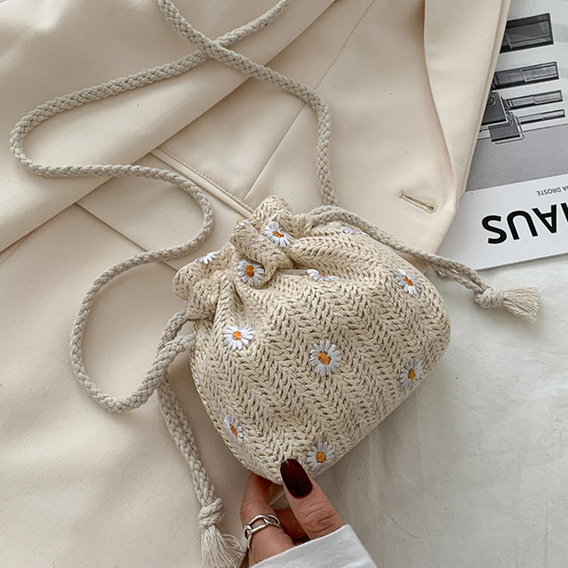 Women'S Summer Beach Shoulder Bags Straw Weave Bucket Bags Rattan Handbags Totes Casual Handbags Retro Mini Shoulder Bag
