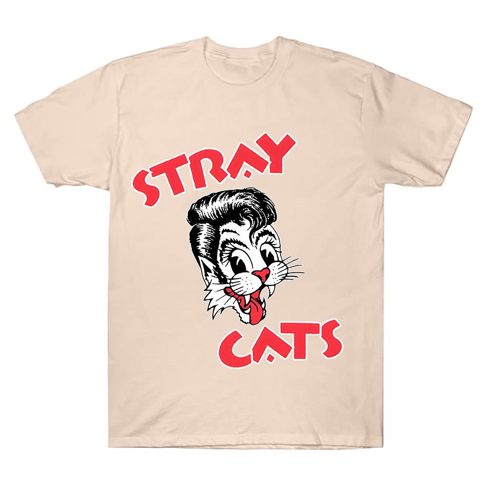 Stray Cats Rock Cat Head T-Shirt Hipster Streetwear Fashion Women Men Crewneck Short Sleeve Cotton Tees Clothing