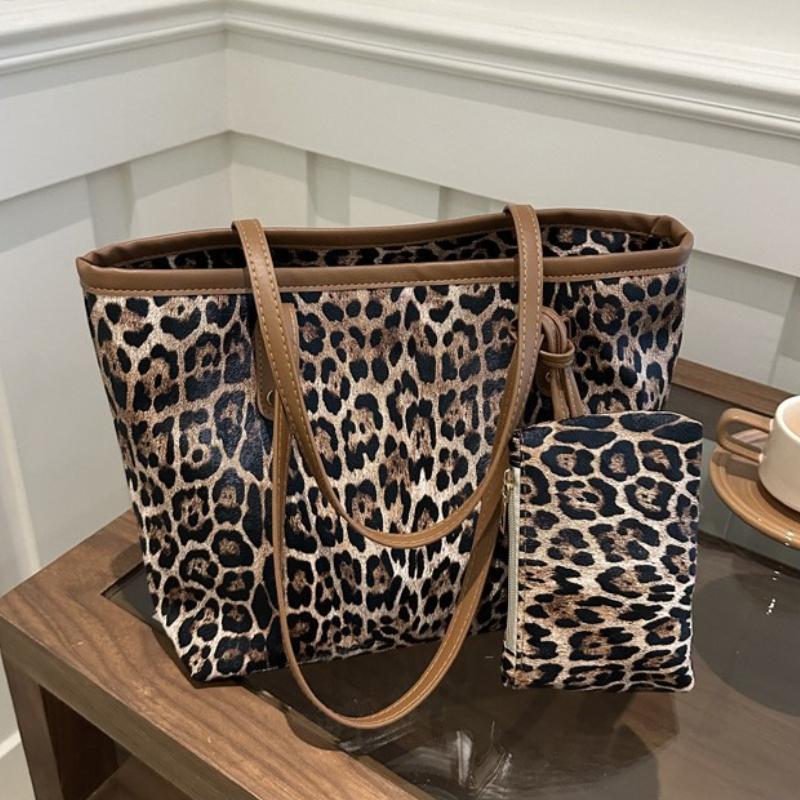 Leopard Print PU Leather Tote Bag Large Capacity Casual Underarm Bag for Travel Shopping for Women