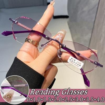 Luxury Ladies Rimless Diamond Cutting Frame Presbyopia Glasses Anti Blue Light Eyeglasses Prescription Eyewear Diopter 0 To +4.0