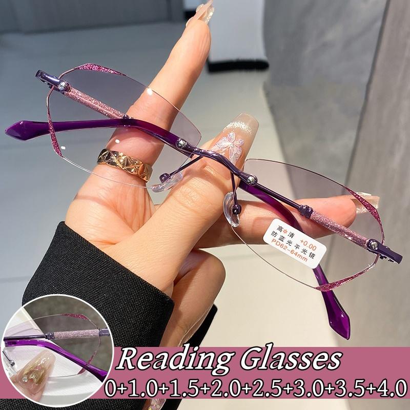 Luxus Damen Randlose Diamantschliff-Brille Presbyopie-Brille Anti-Blaulicht-Brille Korrekturbrille Dioptrien 0 bis +4,0