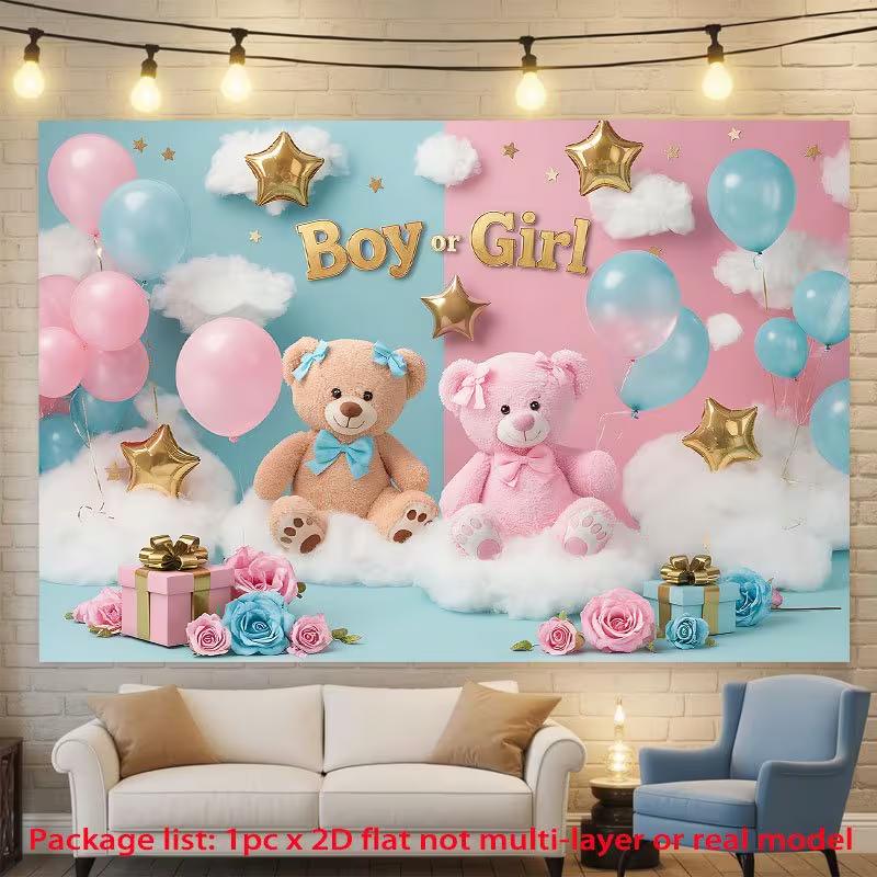 2D Blue Pink Teddy Bear Baby Shower Backdrop, Gender Reveal Photo Background