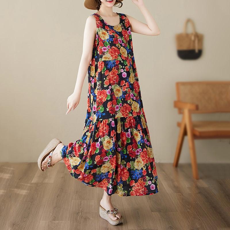 Sleeveless Plus Size Vintage Floral New In Dresses for Women Casual Loose Long Summer Dress
