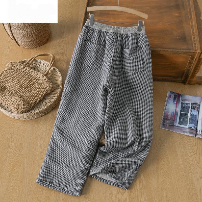 Women s Winter Thick Patchwork Plaid Wide-Leg Pants with Drawstring Waist (2025) L