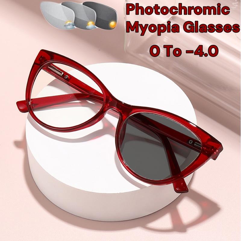 Ladies Trendy Photochromic Myopia Glasses Fashionable Cat Eye Frame Anti Blue Light Eyewear  Stylish Women Minus Sight Glasses