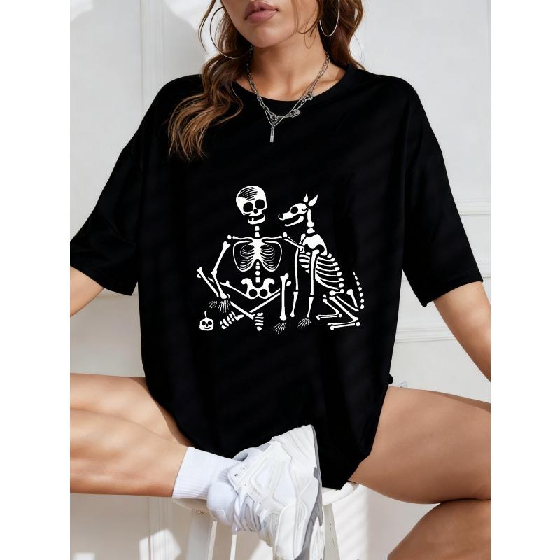 Vintage Black Oversized T-Shirt with Skeleton & Dog Bone Print – Halloween Dark Aesthetic Fun Graphic Top