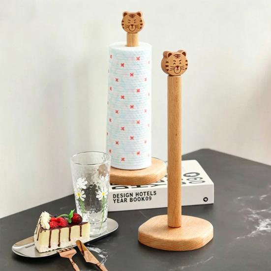 Paper Towel Holder Removable Shaft Kitchen Roll Organizer Durable Wood Non-Slip Base Multi-Use Shelf for Bathroom Kitchen