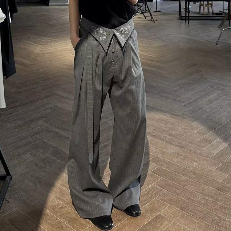 Zen Pleated Embroidered Straight Tube Slightly Pulled High Waist Striped Trousers High Street Men's and Women's Pendant Casual Trousers