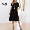 Women Dress Round Neck Short Sleeve Knee-Length Solid Color Dress with Pockets Loose Fit Summer Dress