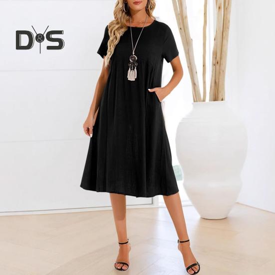Women Dress Round Neck Short Sleeve Knee-Length Solid Color Dress with Pockets Loose Fit Summer Dress