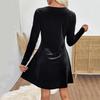 Women's Velvet Minied Dress With Keyhole Neckline, Pearl Embellishment, Long Sleeves, Elegant Vintage A-line Dress