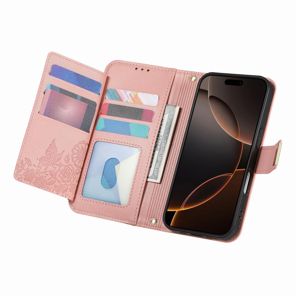 Crossbody Zipper Cards Solt Wallet Leather Embossed Flower Case For iPhone 16 Pro Max 15 Plus 14 13 12 Long Lanyard Book Cover