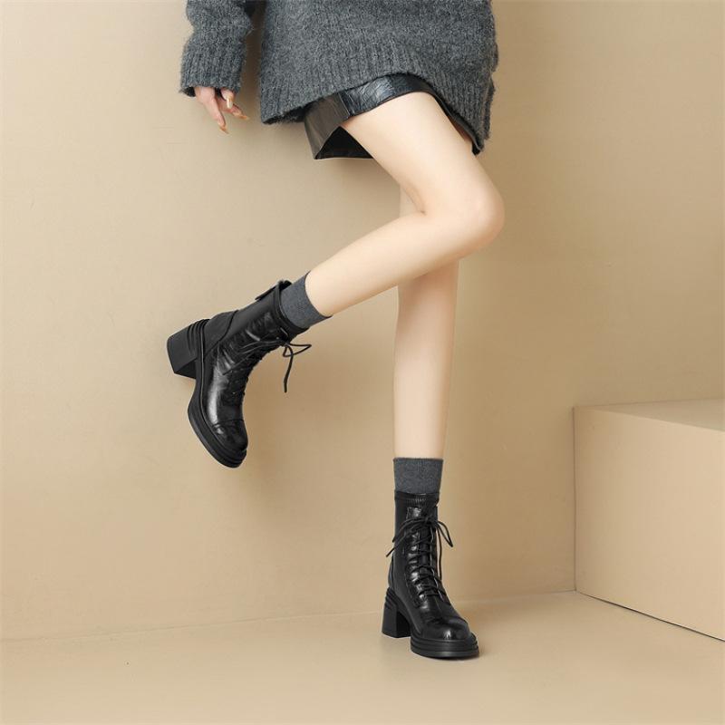 Treasure of the town store! Soft to explode! 2025 autumn and winter new round head lace-up thick-heeled Martin boots elastic high-heeled short boots